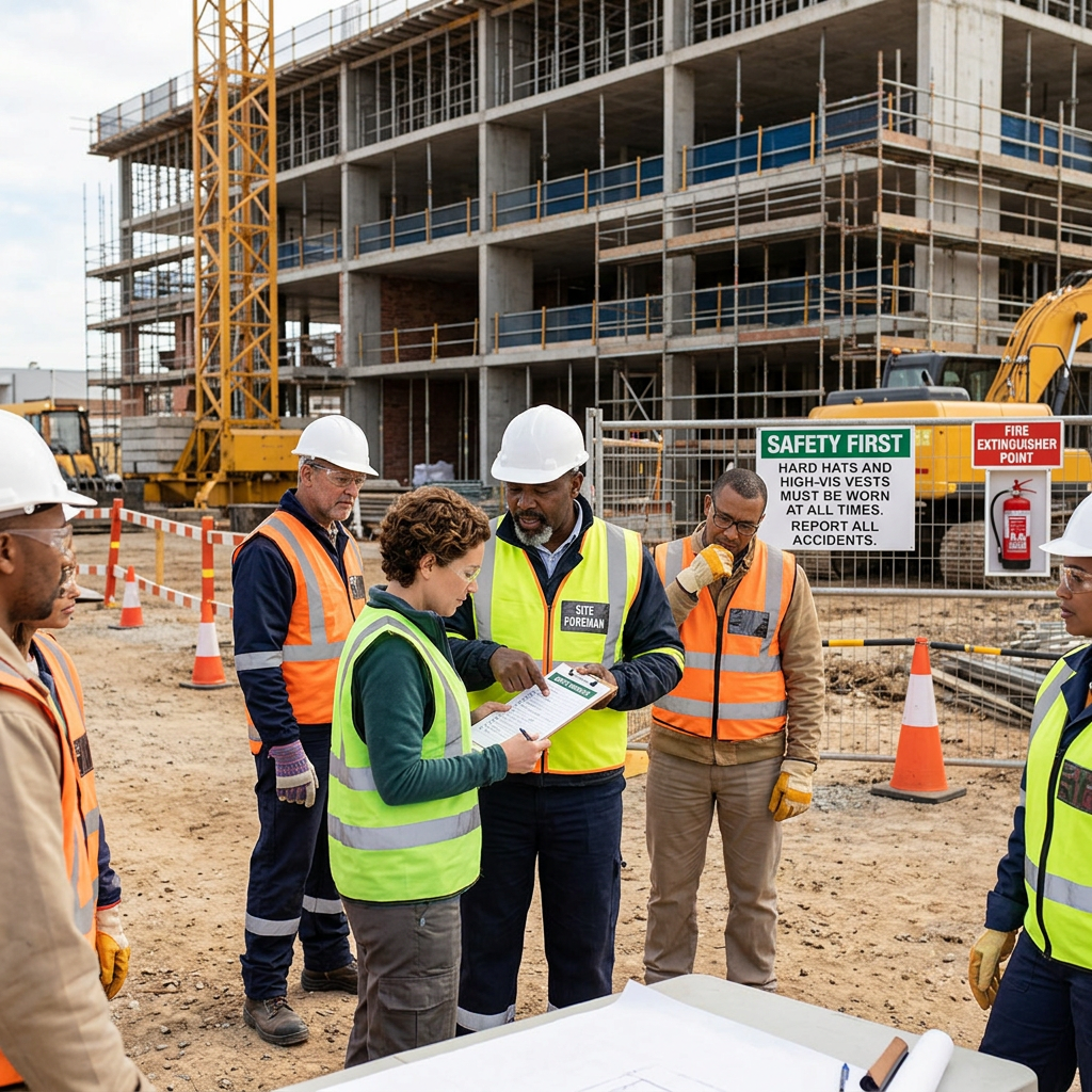 Group of construction workers wearing hard hats and high-visibility vests discussing plans at a construction site
